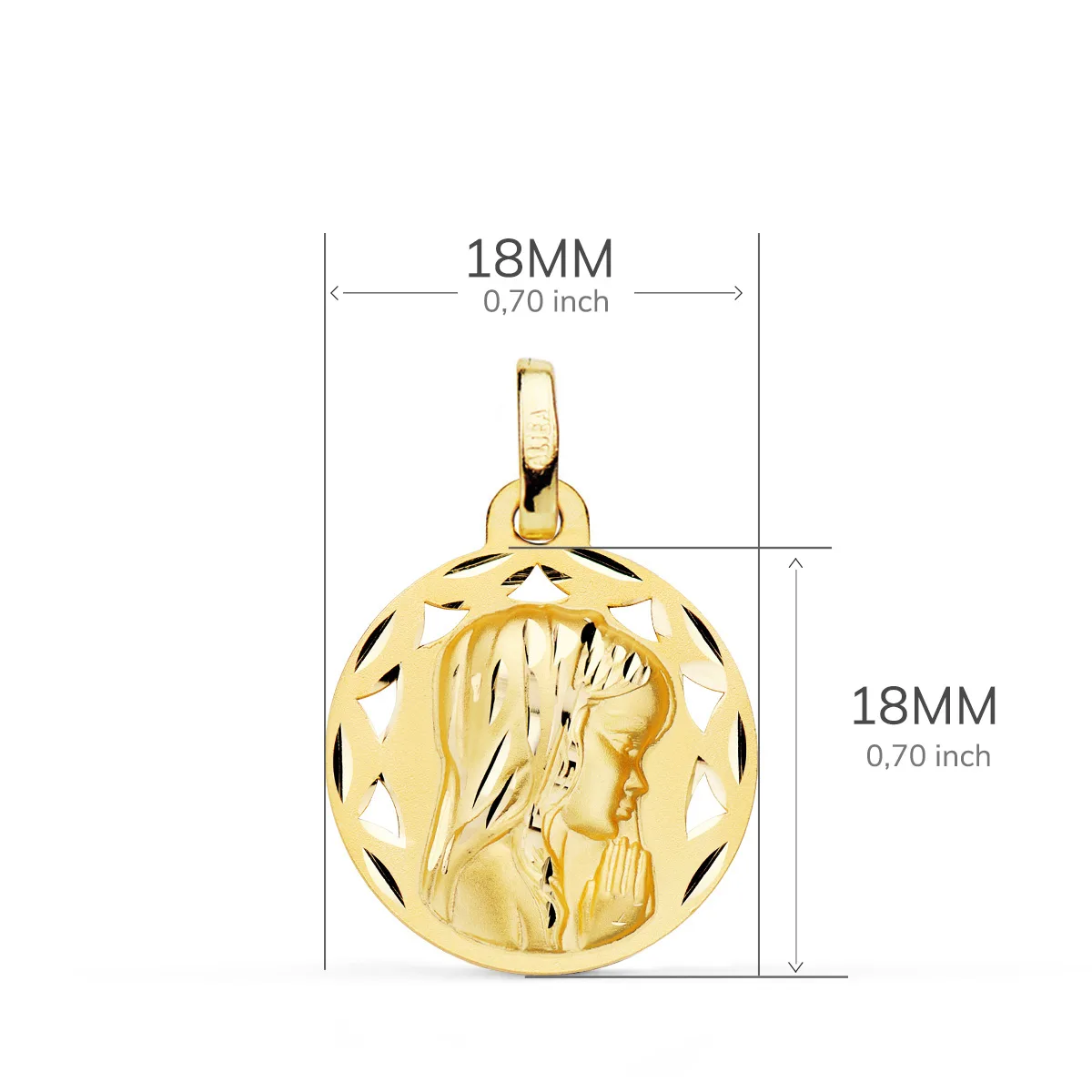 18K MEDALLA ORO AMARILLO CALADA VIRGEN NIÑA PERFIL TALLADA 18 MM — vista 2