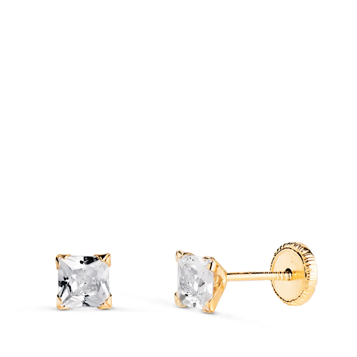 18K PENDIENTES ORO AMARILLO CIRCONITA CUADRADA CON 4 GARRAS. ANCHO: 3,5MM. CIERRE TUERCA