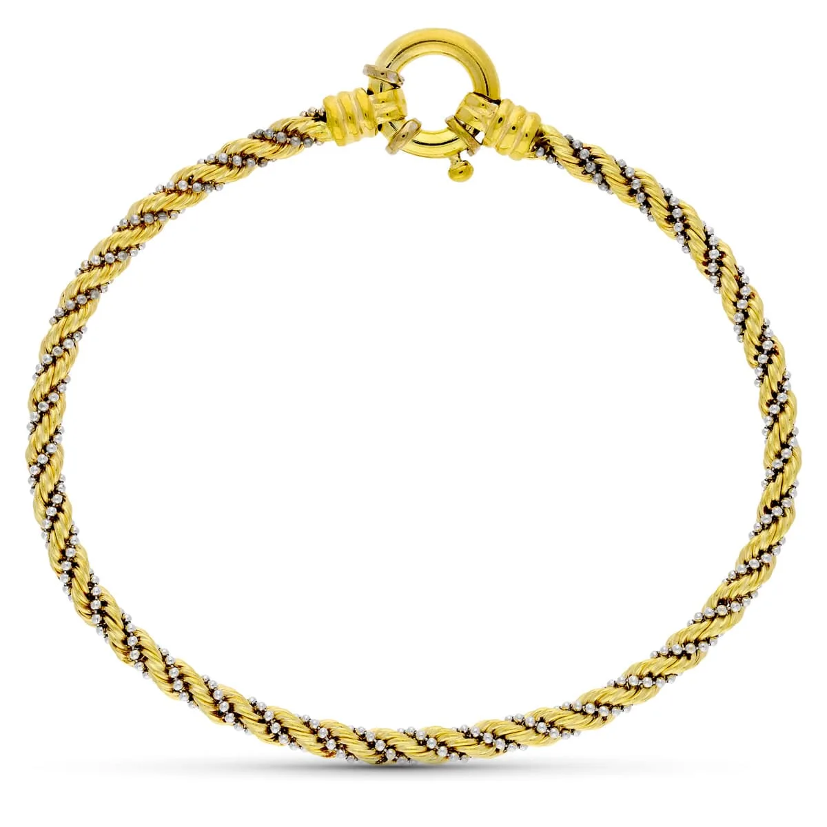 18K PULSERA CORDON ORO BICOLOR CON CADENAS Y BOLITAS. 3.5M