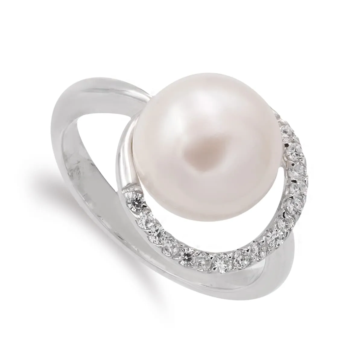 18K SORTIJA ORO BLANCO CON PERLA 10 MM Y CERCO DE CIRCONITAS. ANCHO CUERPO: 3 MM