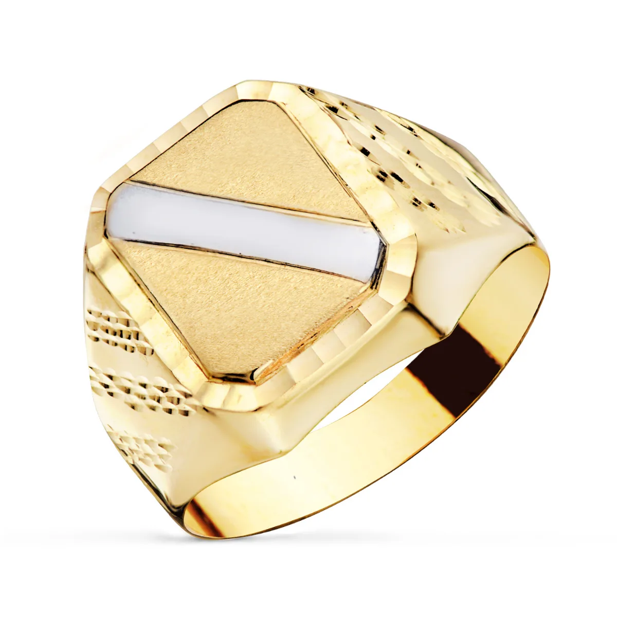 9K SELLO ORO AMARILLO CABALLERO BANDA ORO BLANCO LATERAL TALLADO. MEDIDA: 16X14 MM