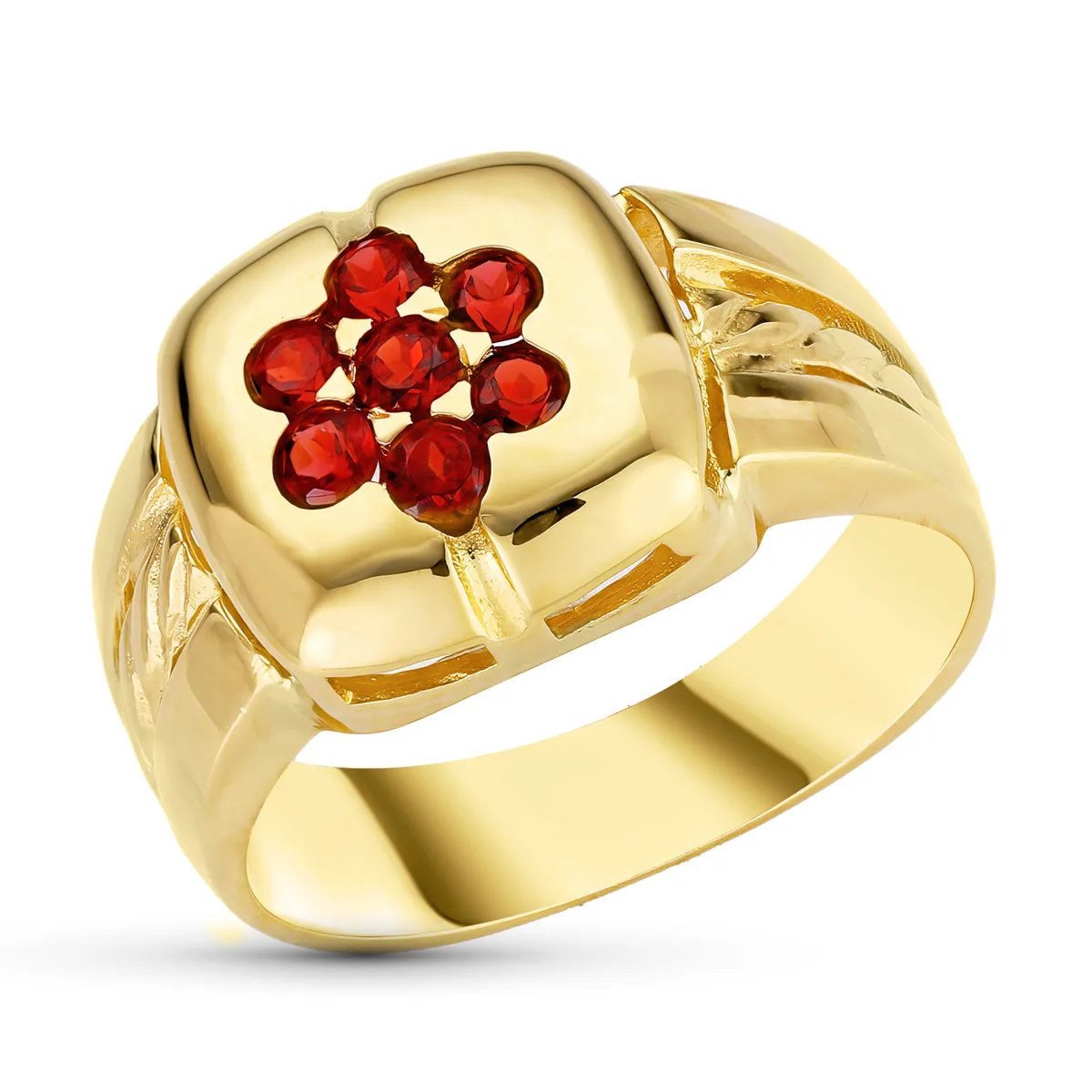 18K SORTIJA ORO AMARILLO MOTIVO CUADRADO CON CIRCONITAS GRANATES. ANCHO: 12 MM