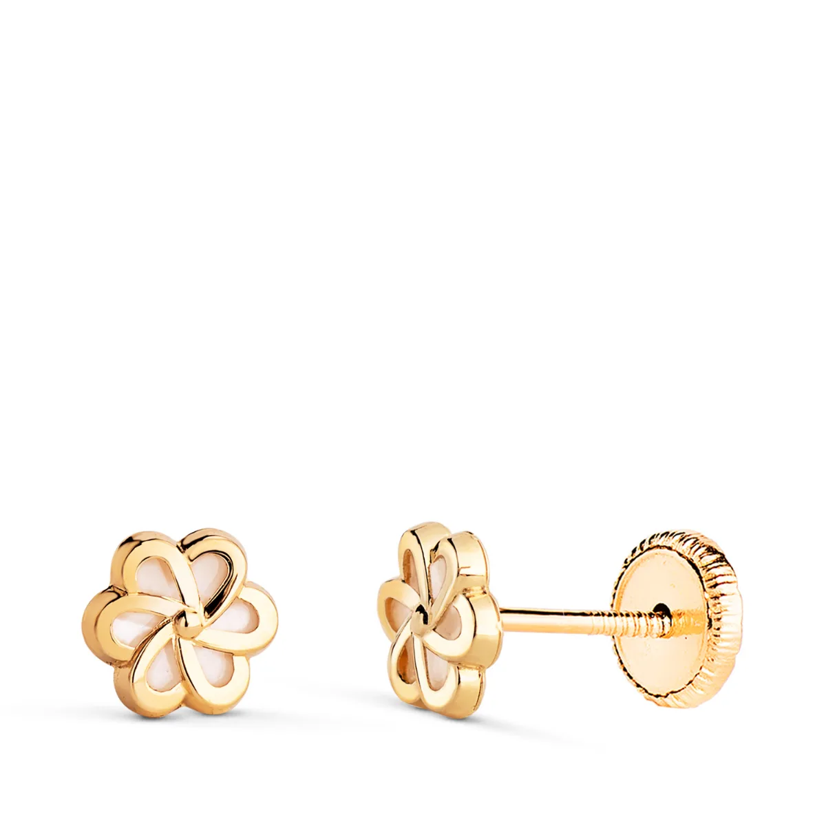 18K PENDIENTES ORO AMARILLO FLOR CON NACAR. MEDIDA: 6 X 6 MM. CIERRE TUERCA