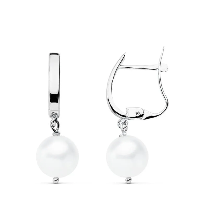 18K PENDIENTES ORO BLANCO PERLA 25X7.5 MM CIERRE CATALAN