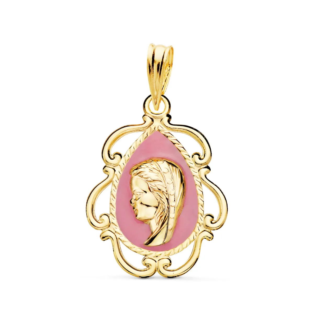 18K MEDALLA ORO AMARILLO VIRGEN NIÑA ESMALTE ROSA Y CERCO CALADO EN BRILLO 22X16 MM