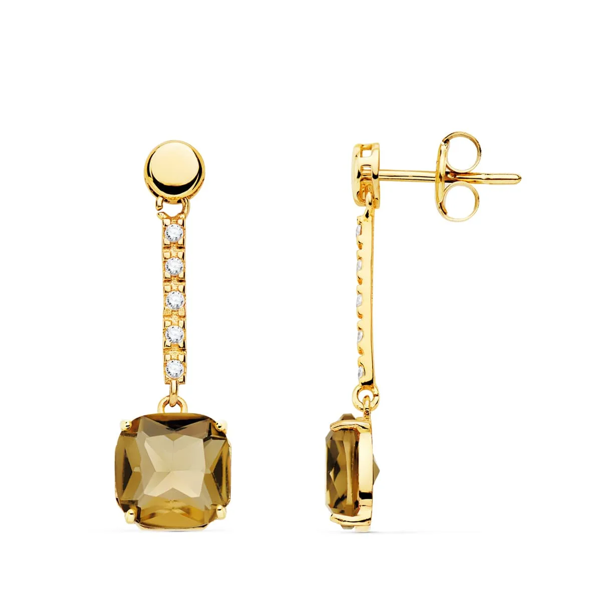 18K PENDIENTES ORO AMARILLO PIEDRA CUADRADA COLOR FUME. 28X8 MM CIERRE PRESION