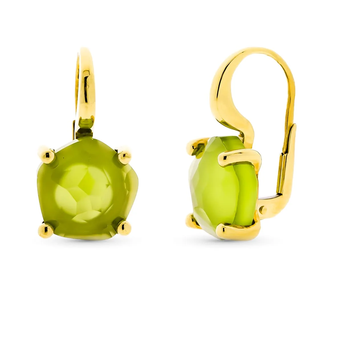18K PENDIENTES ORO AMARILLO PIEDRA VERDE 12 MM GARRAS CIERRE CATALAN