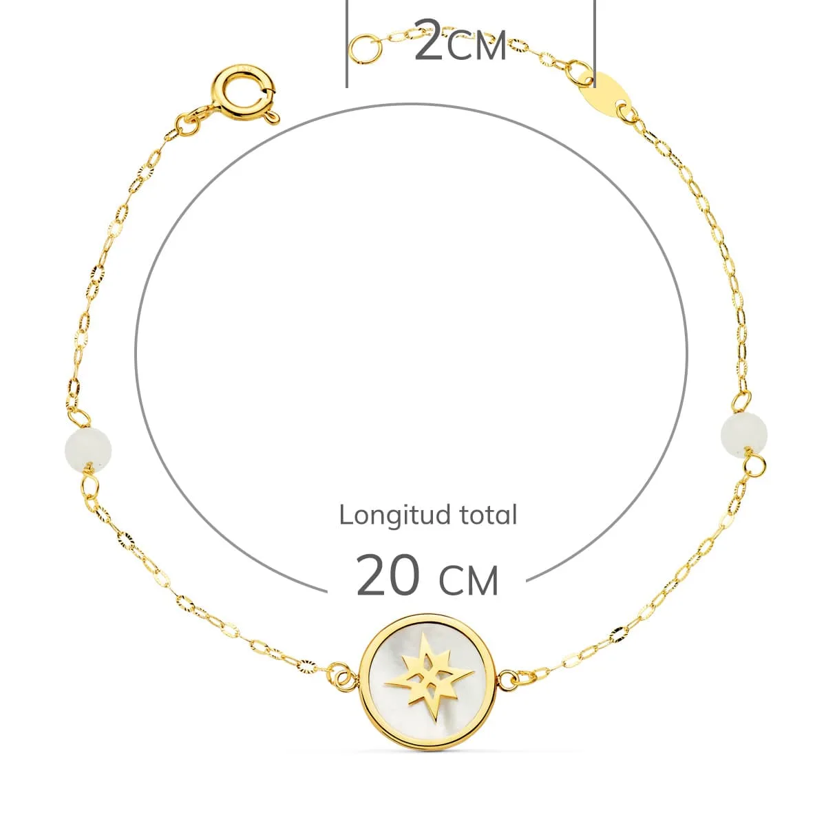 18K PULSERA NACAR Y AMULETO ROSA DE LOS VIENTOS 12 MM Y BOLAS JADE 4 MM CADENA 15   2 CM — vista 2