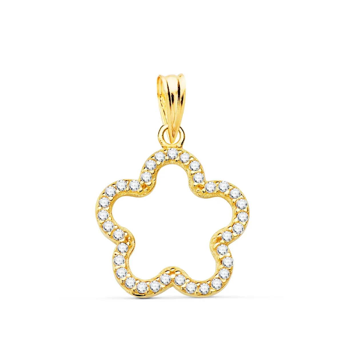 18K COLGANTE AMULETO ORO AMARILLO FLOR CON CIRCONITA 16X16 MM