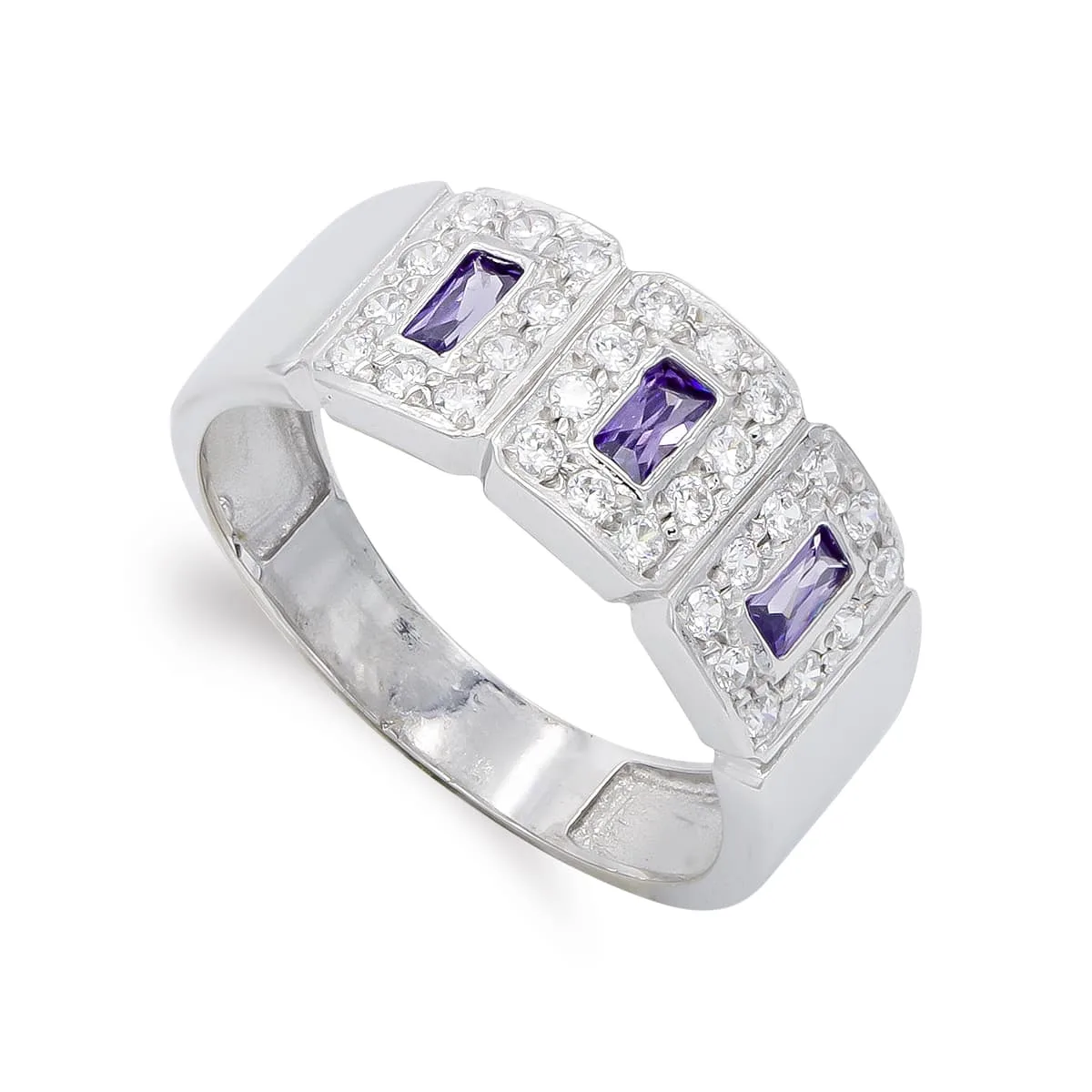 18K SORTIJA ORO BLANCO CON CIRCONITA COLOR AMATISTA Y BLANCAS. ANCHO: 8,5 MM