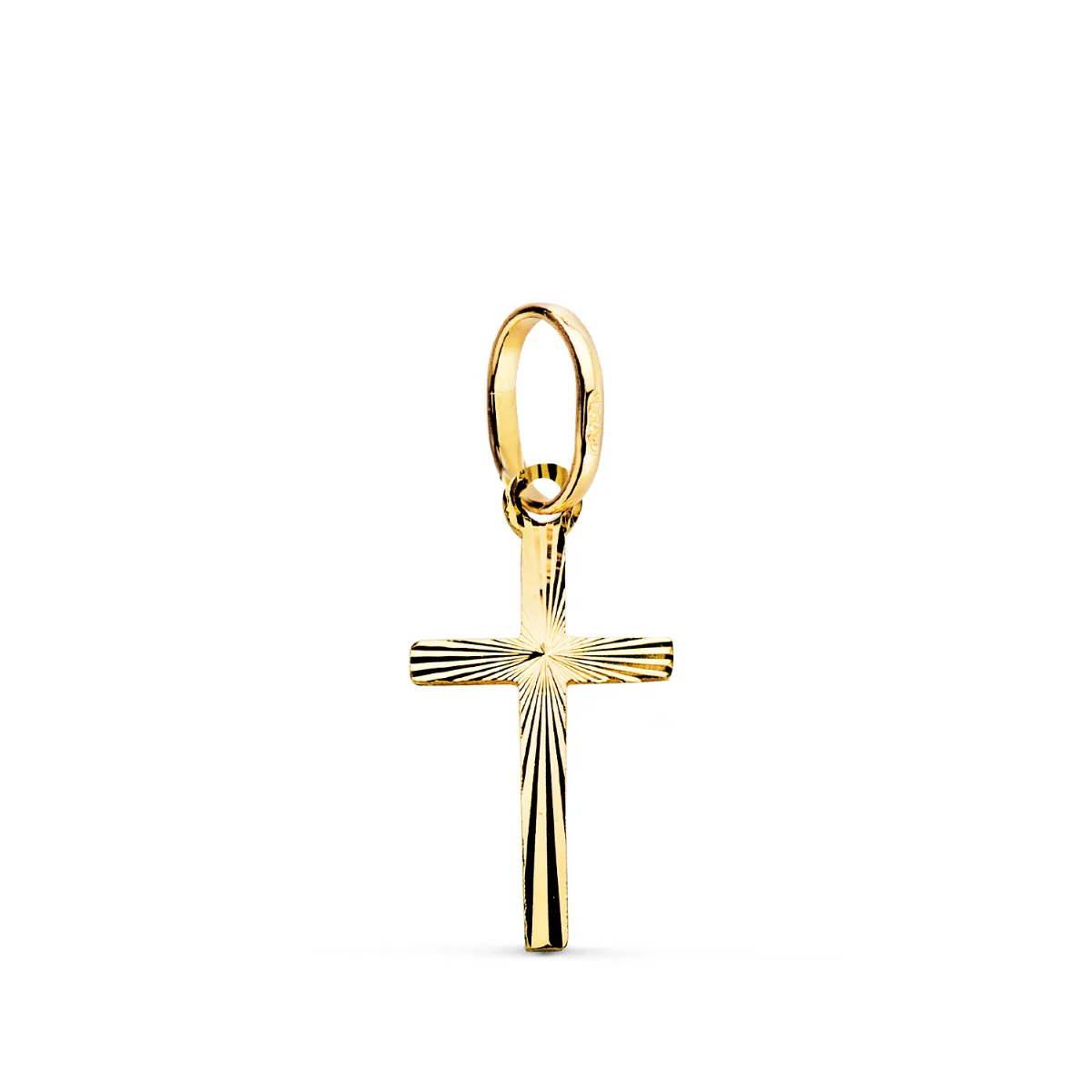 18K CRUZ ORO AMARILLO MINI TALLADA. MEDIDA: 16 X 8 MM. GROSOR: 0,5 MM