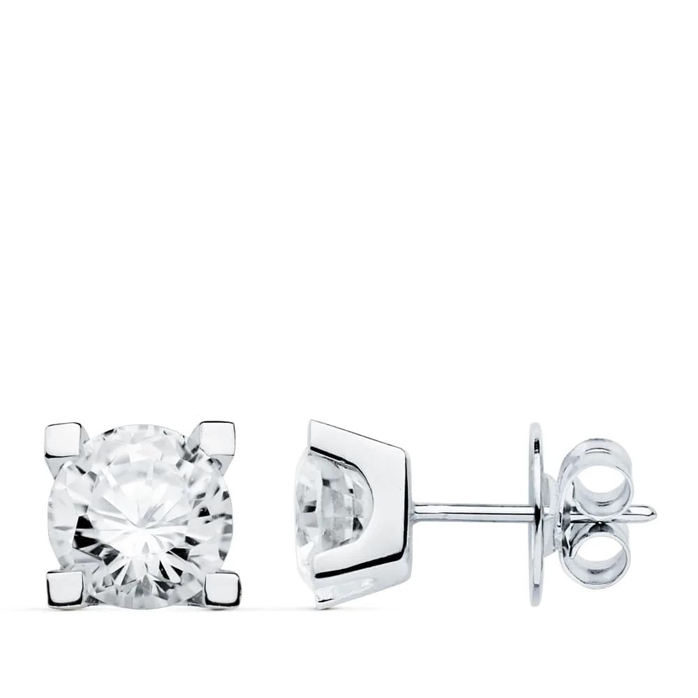 18K PENDIENTES ORO BLANCO 4 GARRAS CIRCONITA 7X7 CIERRE PRESION