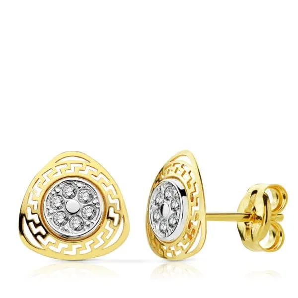 9K PENDIENTES ORO BICOLOR TRIANGULO CALADO GRECA CON CIRCONITAS. 8 X 8 MM