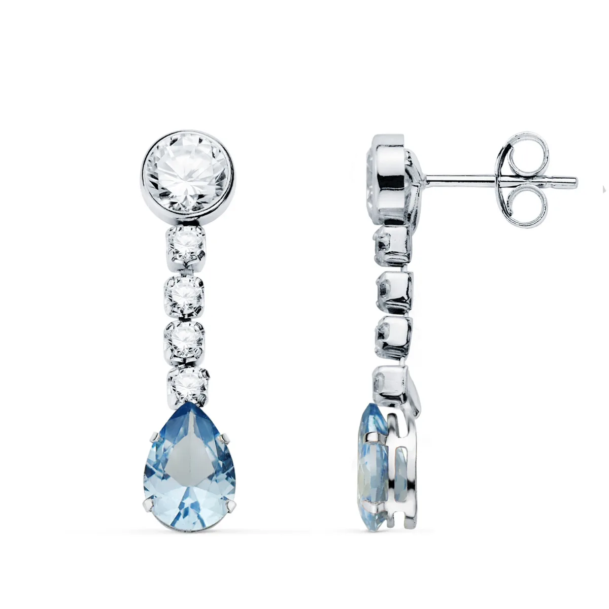 18K PENDIENTES ORO BLANCO AGUA MARINA EN FORMA DE GOTA Y CIRCONITAS. 22X5 MM. CIERRE PRESION