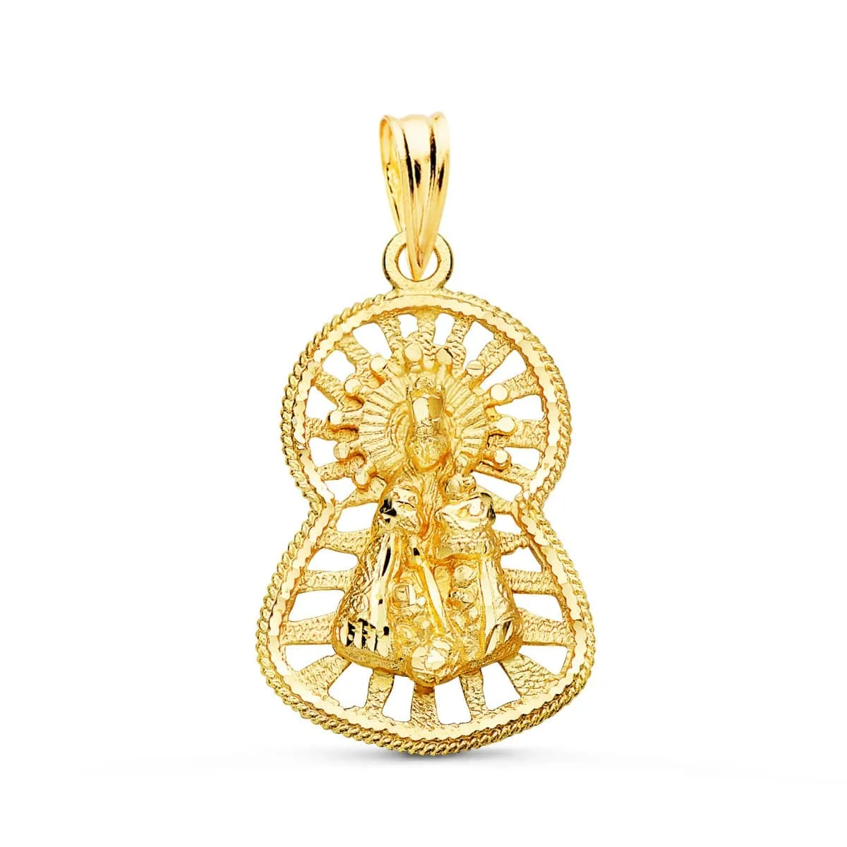 18K MEDALLA ORO AMARILLO VIRGEN DE LOS DESAMPARADOS CERCO CALADO 22X15 MM