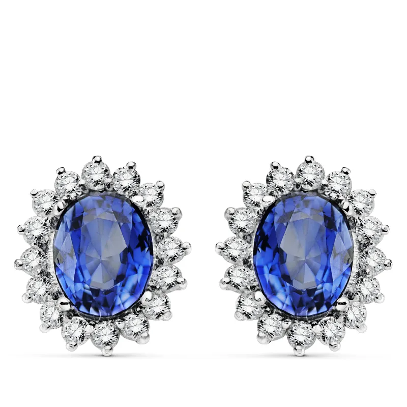 18K PENDIENTES O.BLANCO ZAFIRO DIFUSION 9X7 MM 4,94 QTS. 32 DIAMANTES LABORATORIO VS2-G 1,12 QTS. CIERRE OMEGA 14X12,5 MM