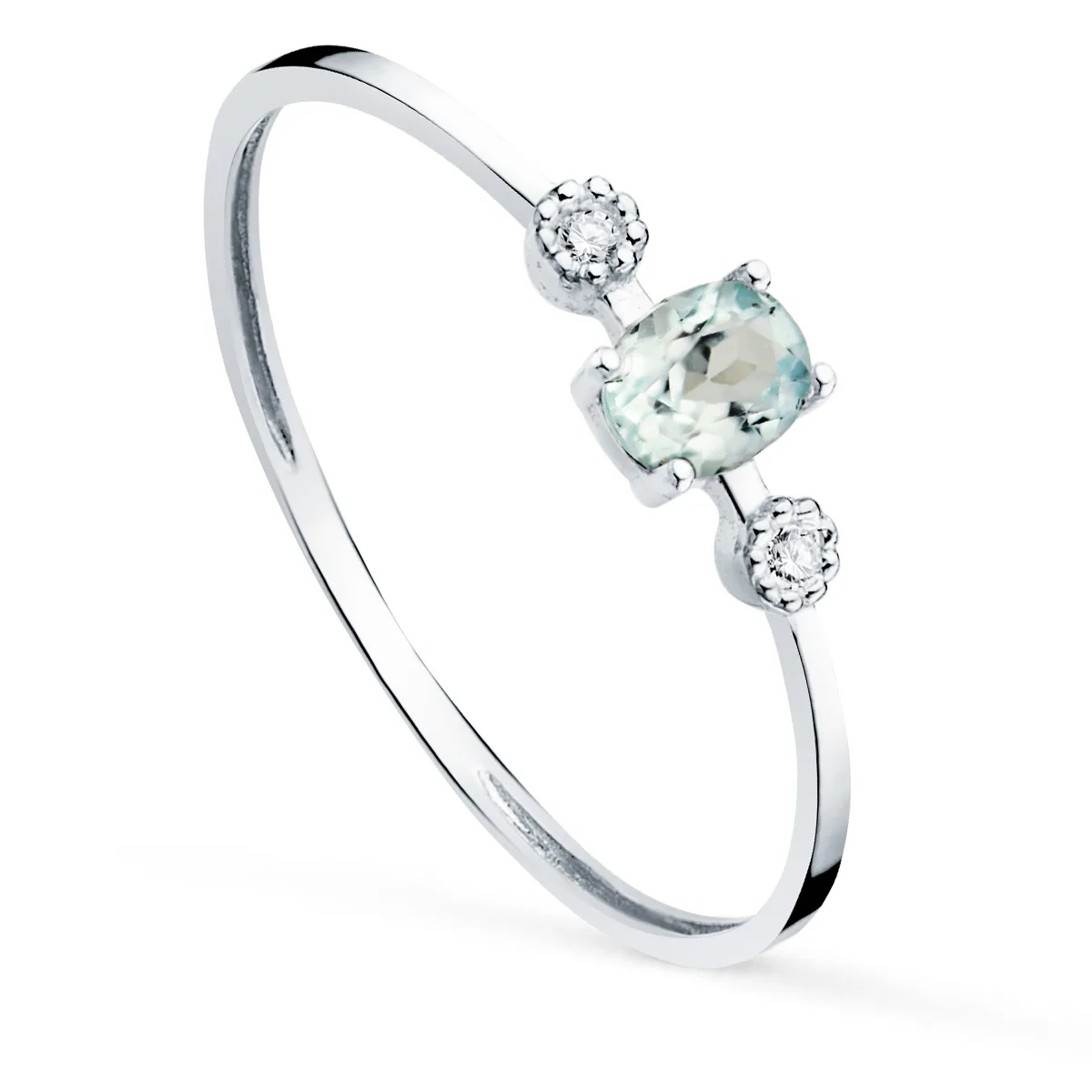 18K SORTIJA ORO BLANCO Y DIAMANTES 0.016  QTS. G-VS2 AGUAMARINA 4X3MMCUERPO 1 MM