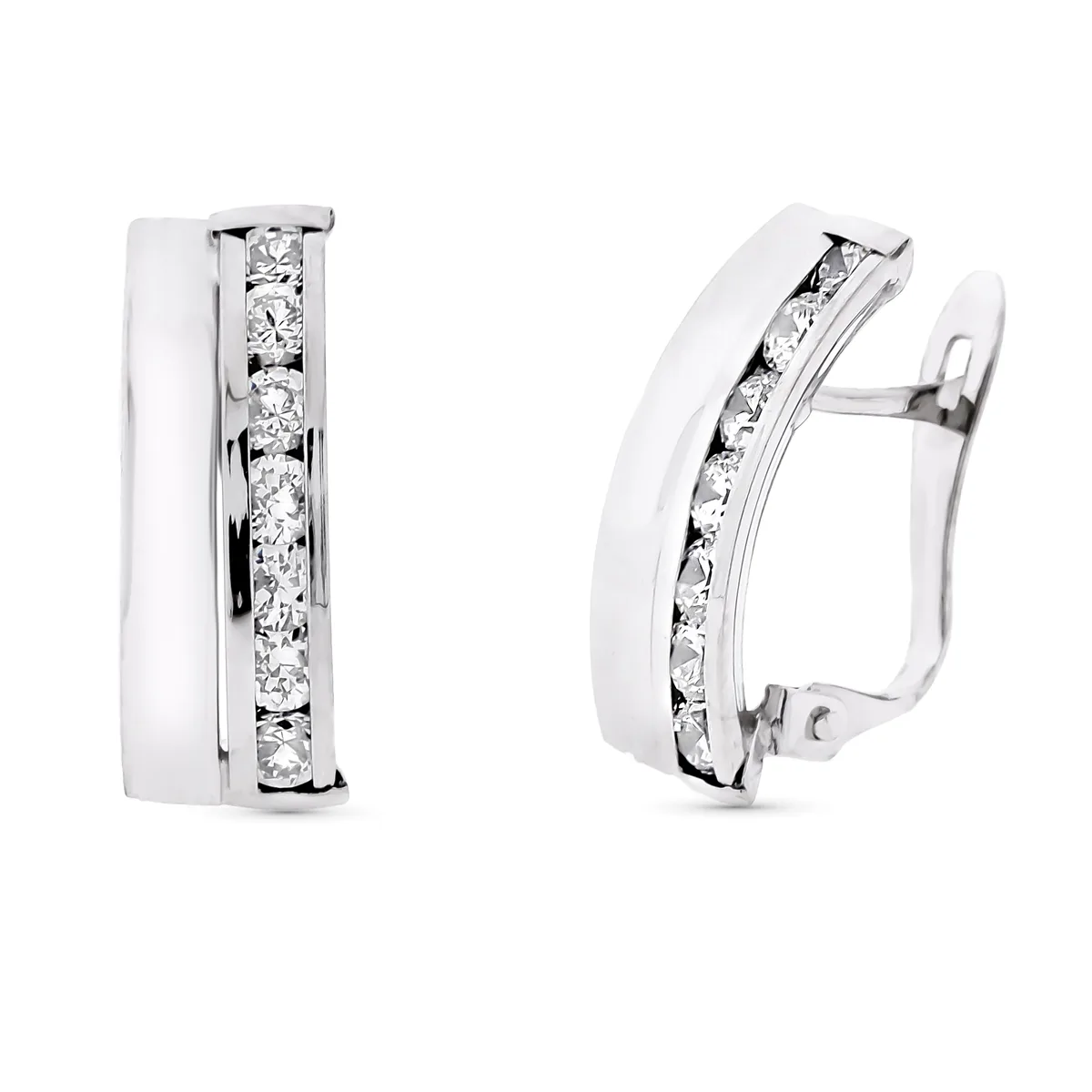 9K PENDIENTES ORO BLANCO BANDAS Y CIRCONITA 16X7 MM CIERRE CATALAN