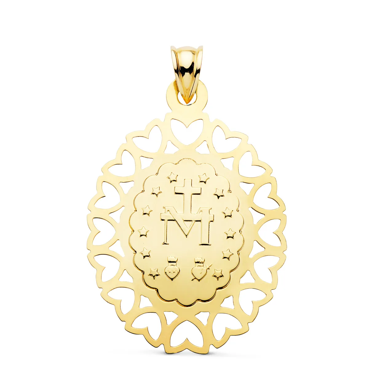 18K MEDALLA ORO AMARILLO VIRGEN MILAGROSA OVAL CERCO CORAZONES. 40 X 33 MM — vista 2