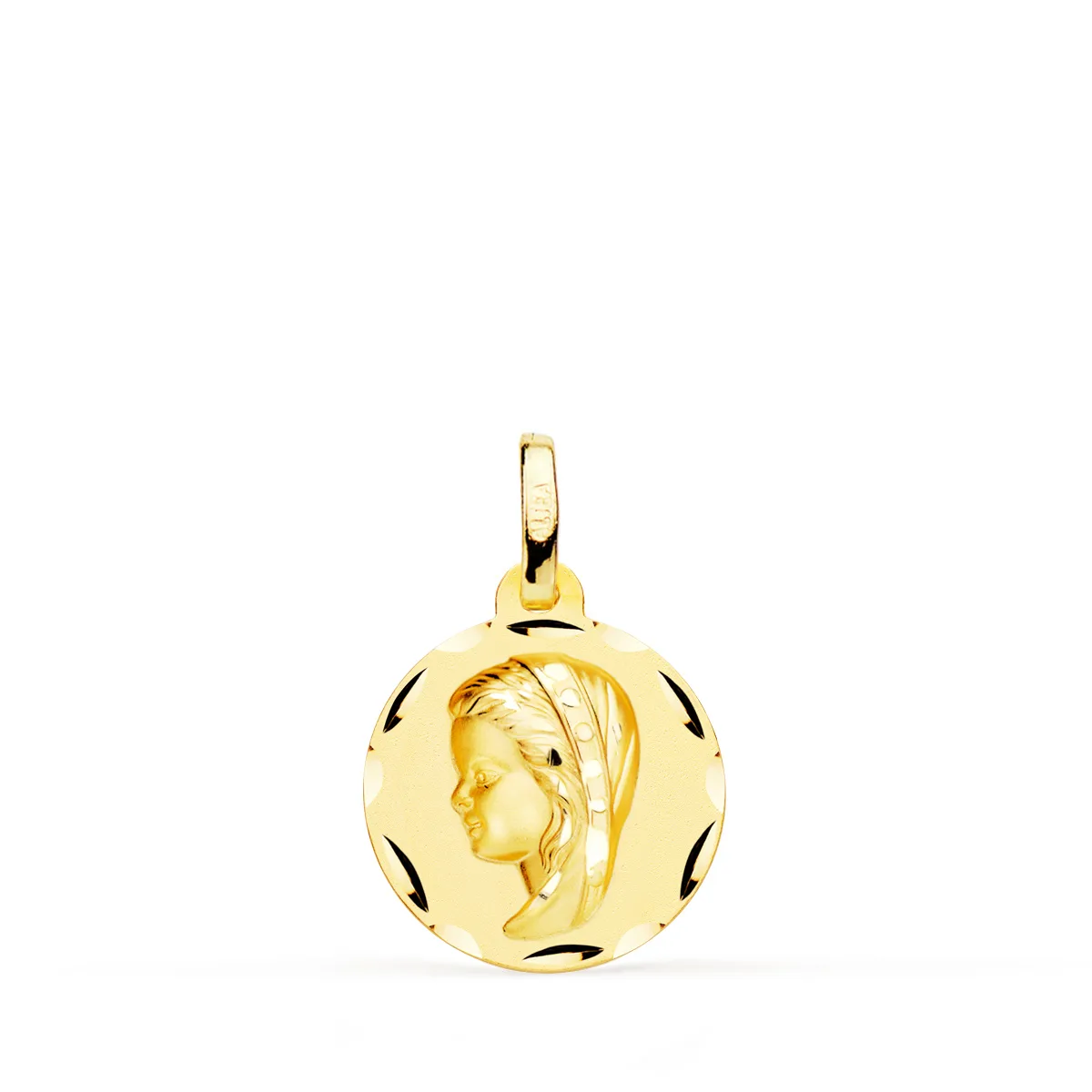 18K MEDALLA ORO AMARILLO VIRGEN NIÑA TALLADA 14 MM