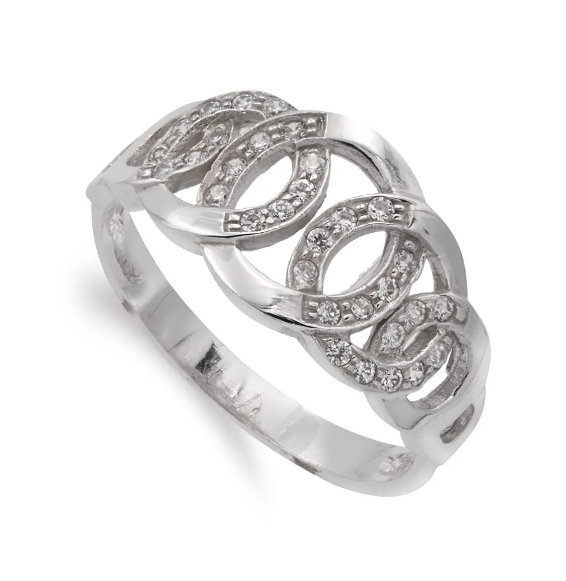 18K SORTIJA ORO BLANCO CON CIRCULOS BRILLO Y CIRCONITAS. ANCHO 10 MM