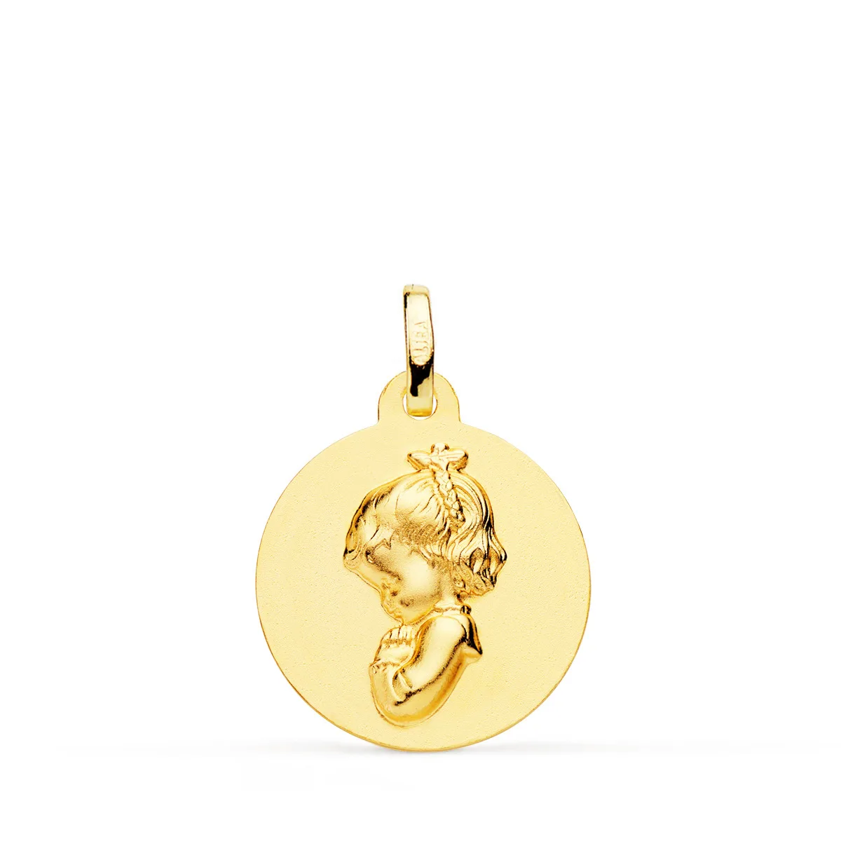 18K MEDALLA ORO AMARILLO VIRGEN NIÑA REZANDO LISA 18 MM