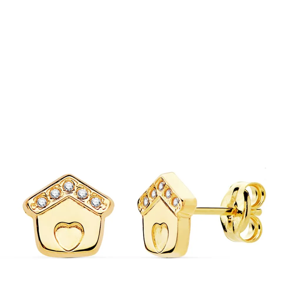 18K PENDIENTES ORO AMARILLO CASITA CIRCONITA 7X7 MM CIERRE PRESION
