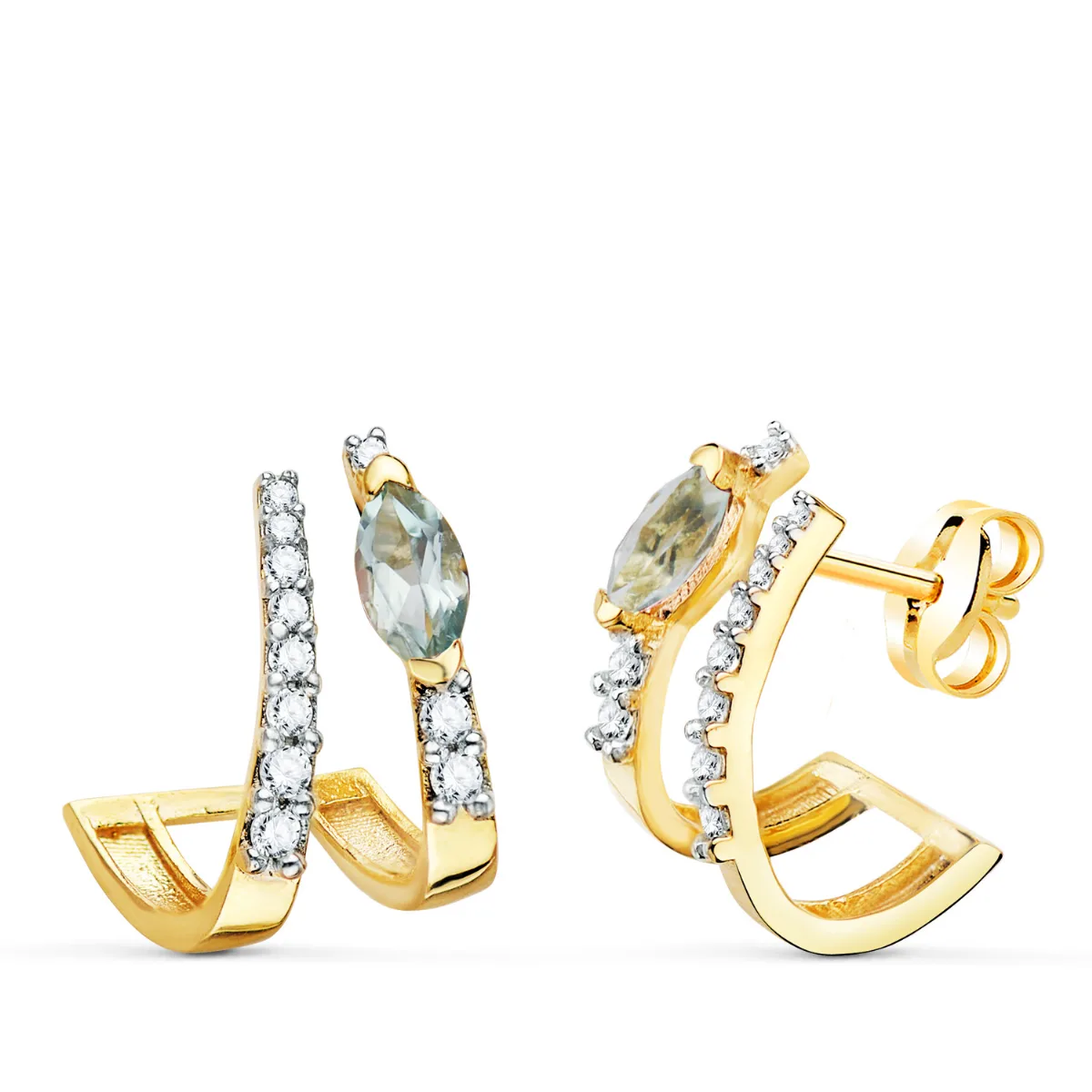 18K PENDIENTES ORO AMARILLO BANDAS CON CIRCONITA Y TOPACIO AZUL 15 X 11MM PRESION