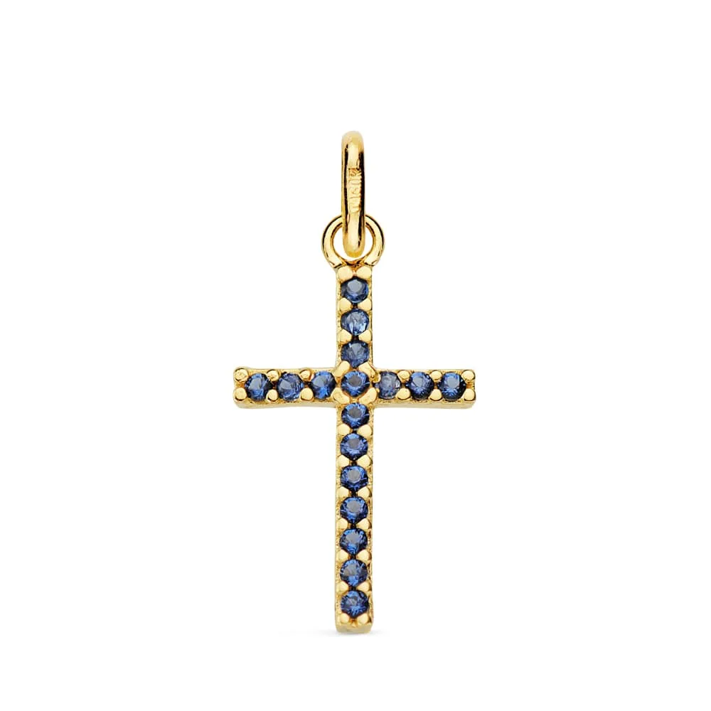 18K CRUZ ORO AMARILLO CON CIRCONITAS AZULES. MEDIDA: 18X10 MM