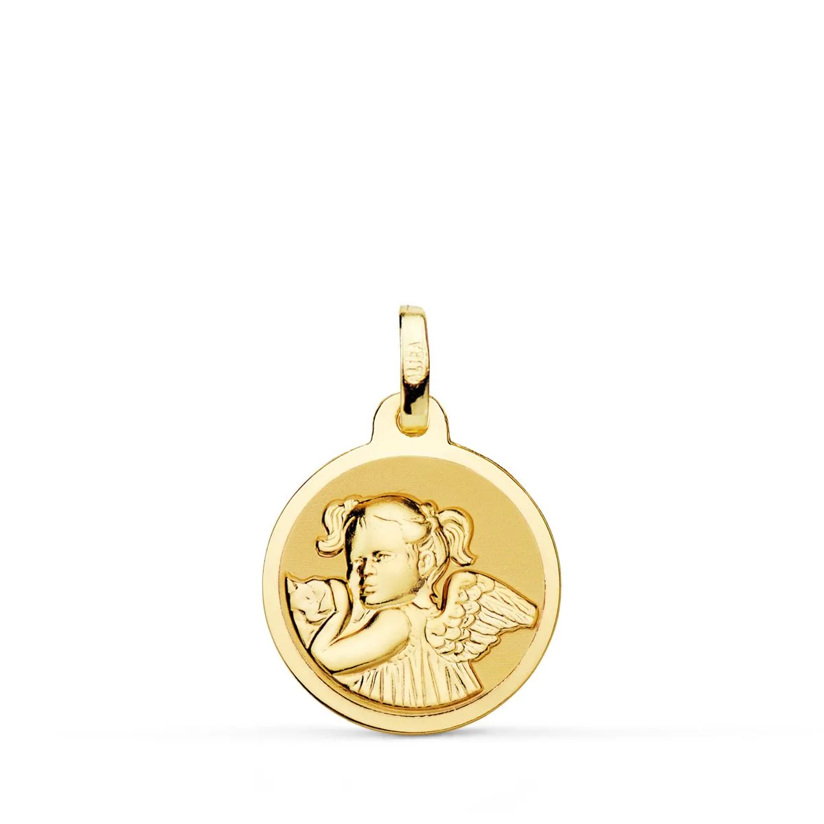 18K MEDALLA ORO AMARILLO ANGEL NIÑA REVOLTOSA EN BRILLO 14 MM