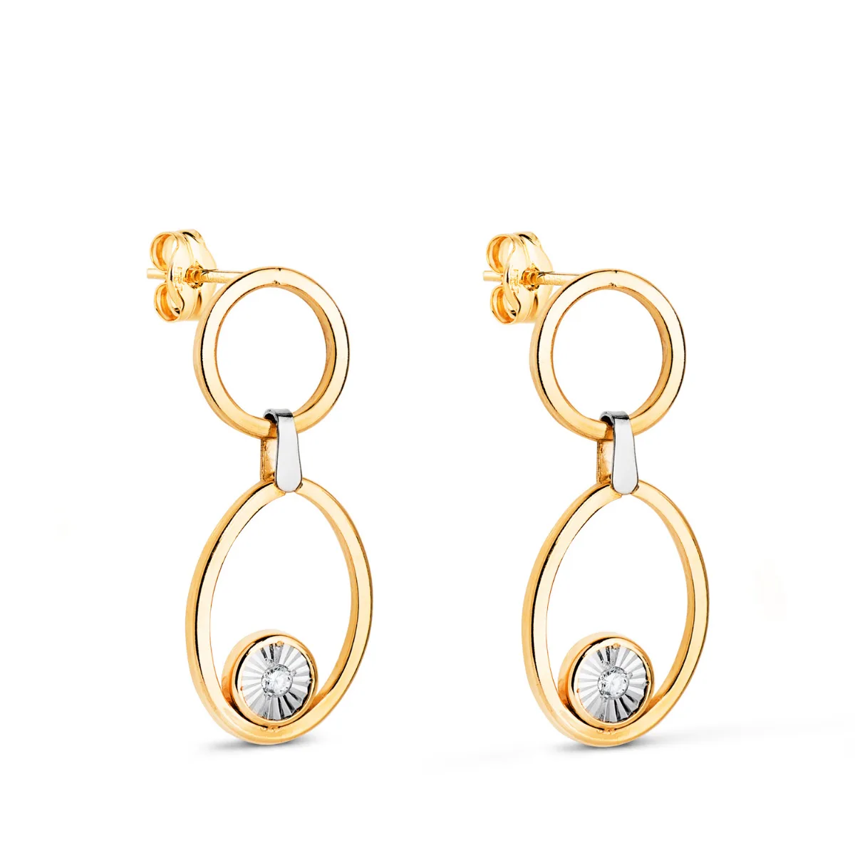 18K PENDIENTES ORO BICOLOR LARGOS DOS AROS CON CIRCONITAS. MEDIDA: 23 X 10 MM. CIERRE PRESION