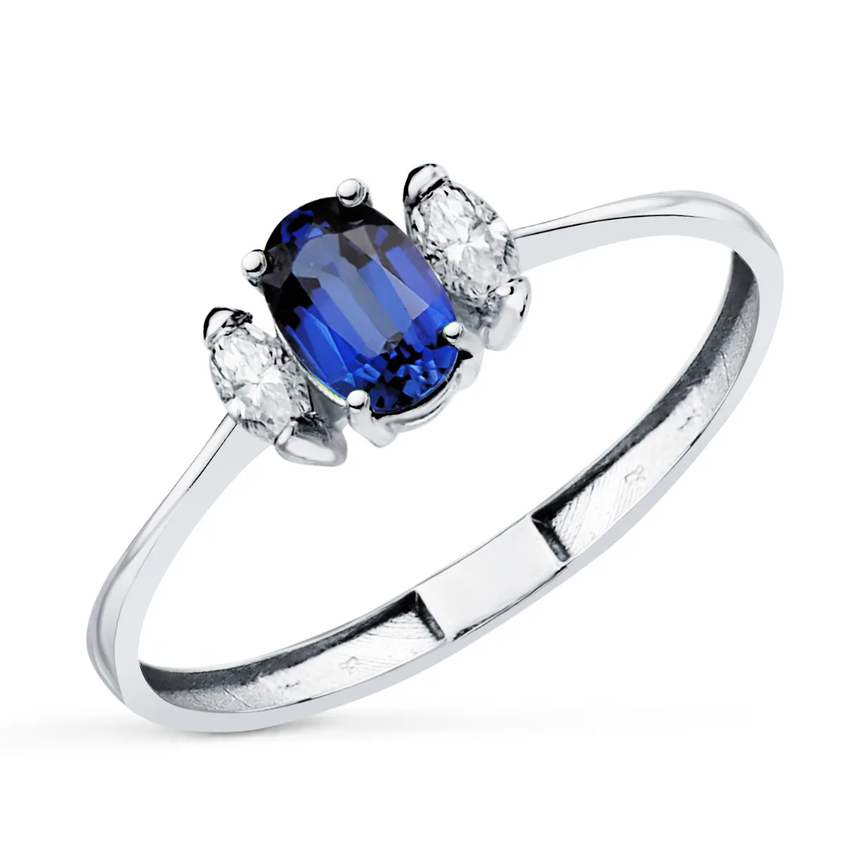 18K SORTIJA ORO BLANCO ZAFIRO DIFUSION 6X4 MM 0,64 QT Y DIAMANTES LABORATORIO 0,134QT. E - VS2