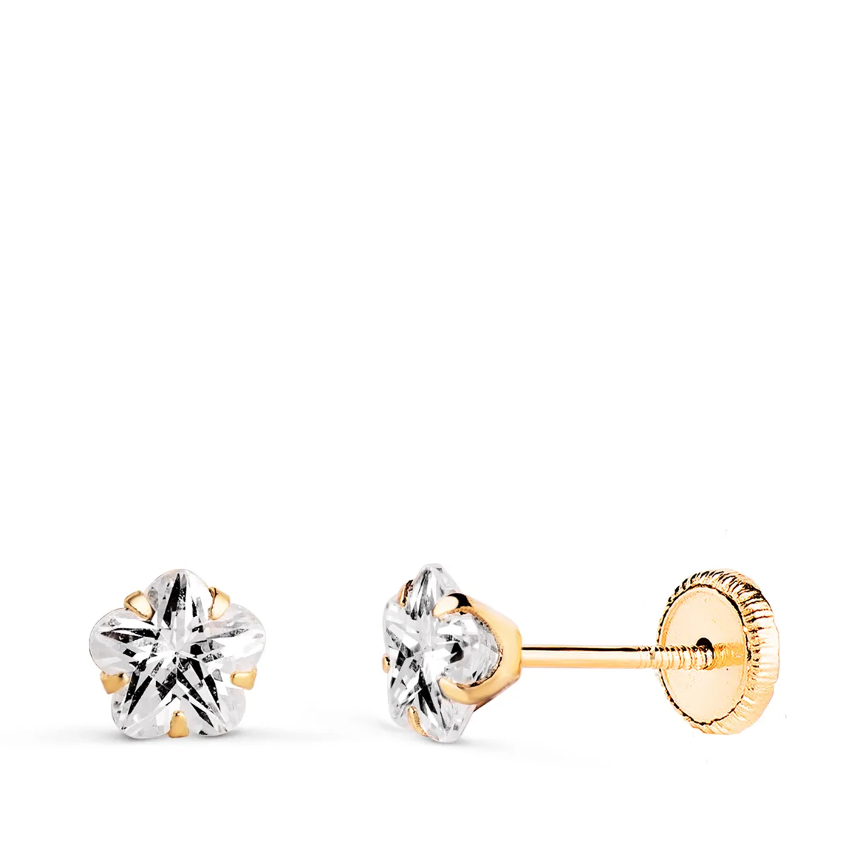 18K PENDIENTES ORO AMARILLO CIRCONITA FLOR 5X5 MM CIERRE TUERCA