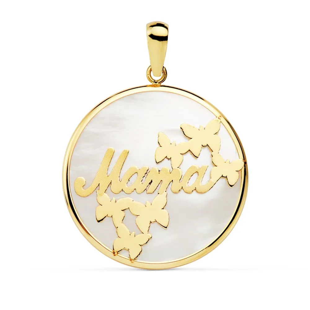 18K COLGANTE ORO AMARILLO MAMA NACAR MARIPOSAS 20 MM