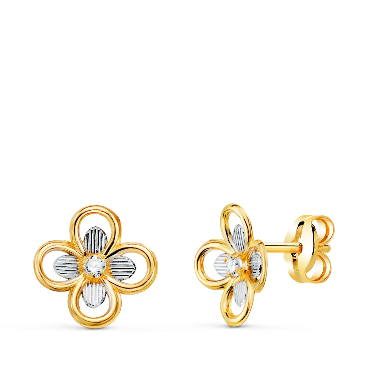 18K PENDIENTES ORO BICOLOR CUATREBOL CON CIRCONITAS. MEDIDA: 8X8 MM. CIERR PRESION