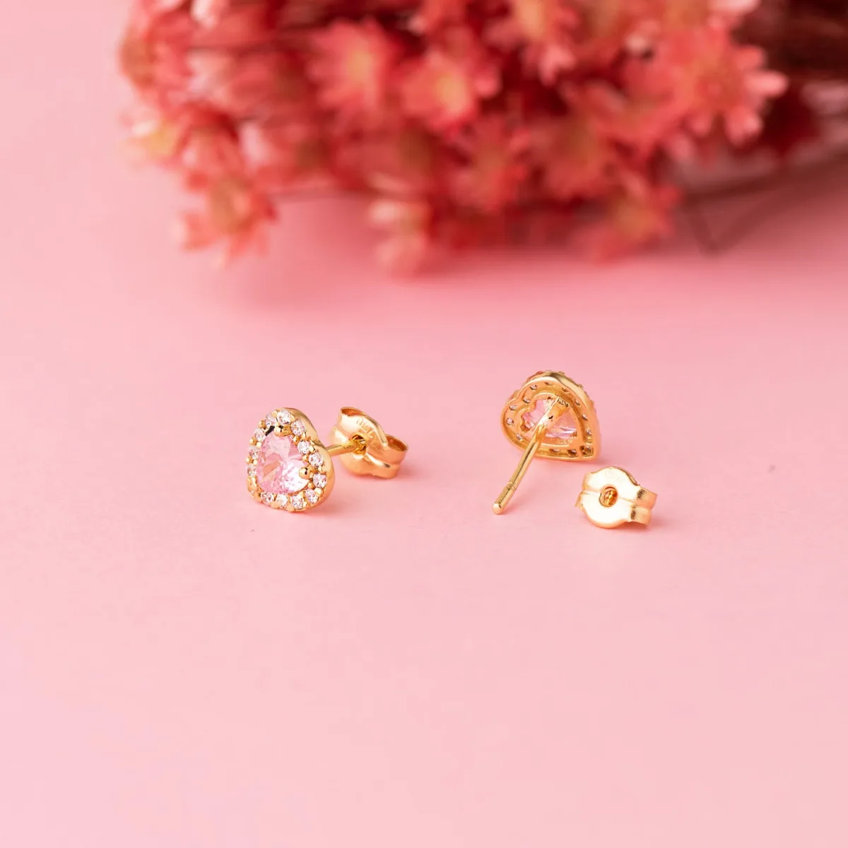 18K PENDIENTES ORO AMARILLO CORAZON CIRCONITA Y PIEDRA ROSA 6,5 X 6,5 MM. CIERRE PRESION — vista 2