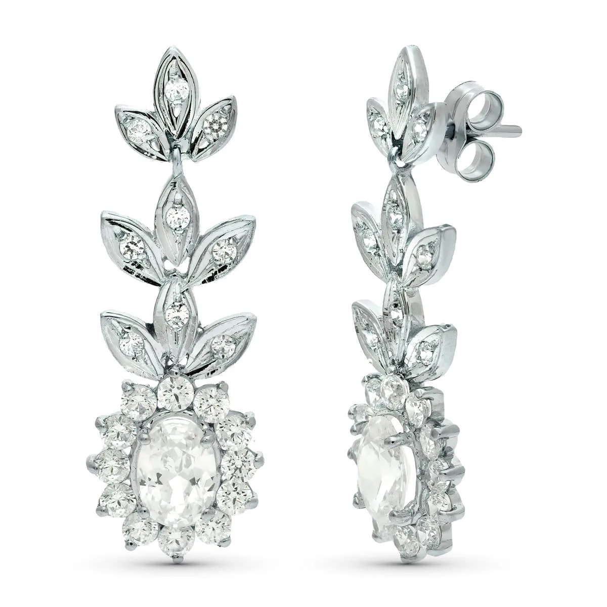 18K PENDIENTES ORO BLANCO JUEGO NOVIA CIRCONITA 8X6 MM TOTAL 33X11 MM PRESION
