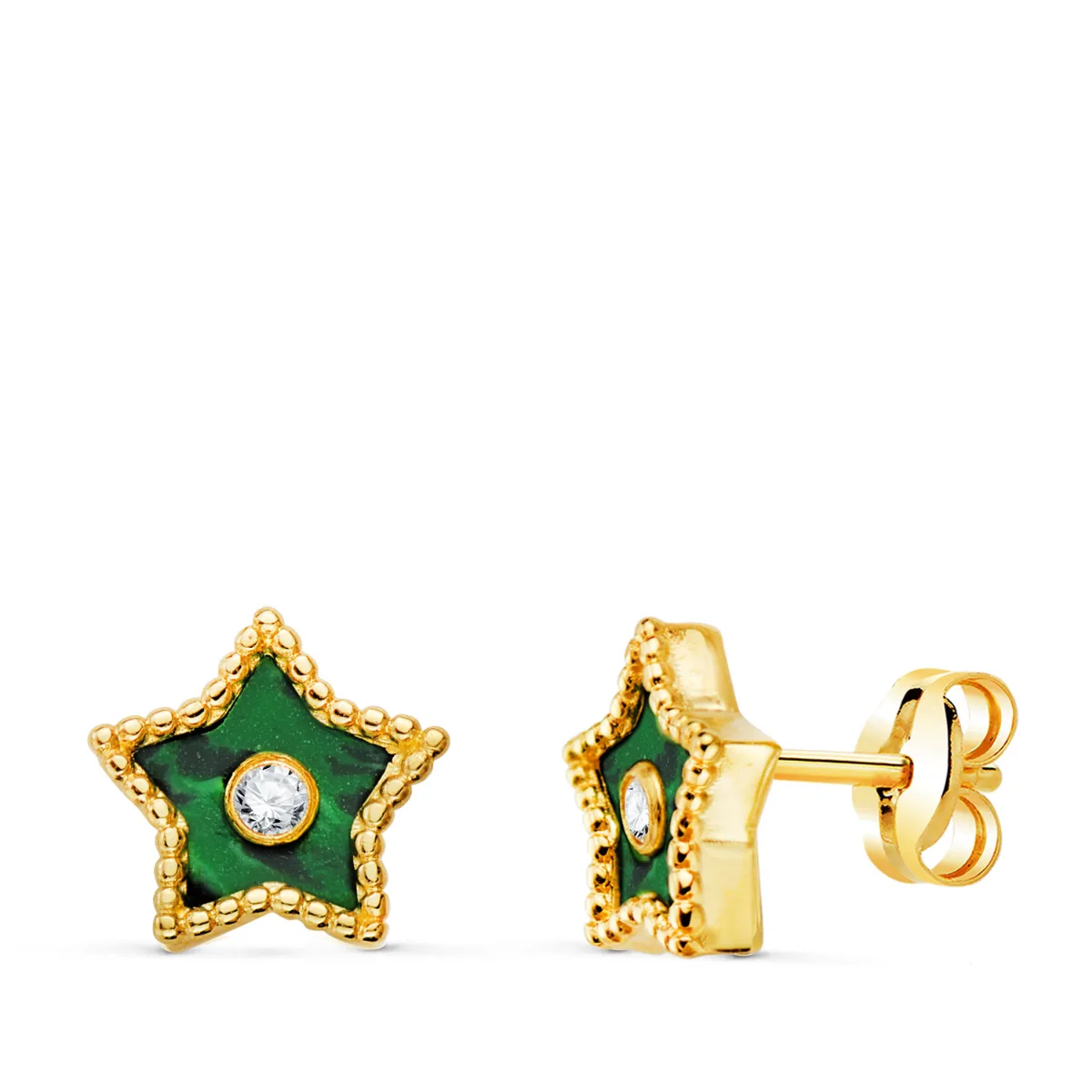 18K PENDIENTES ORO AMARILLO ESTRELLA CERCO BOLITAS Y MALAQUITA CON CIRCONITA 9X9 MM. CIERRE PRESION