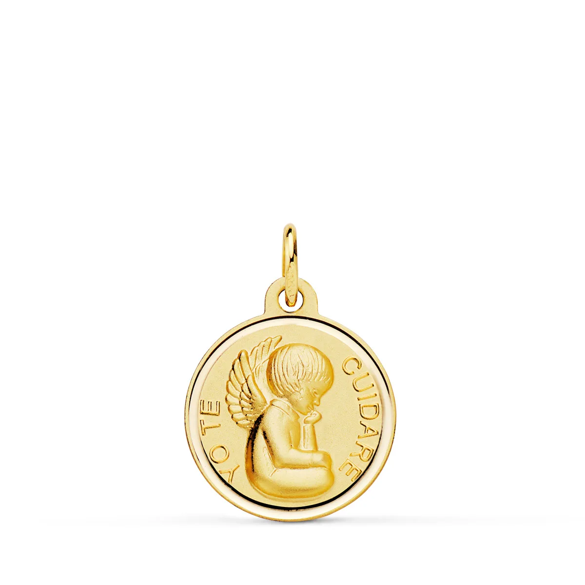 18K MEDALLA ORO AMARILLO ANGELITO "YO TE CUIDARE" BISEL. MEDIDA: 16 MM