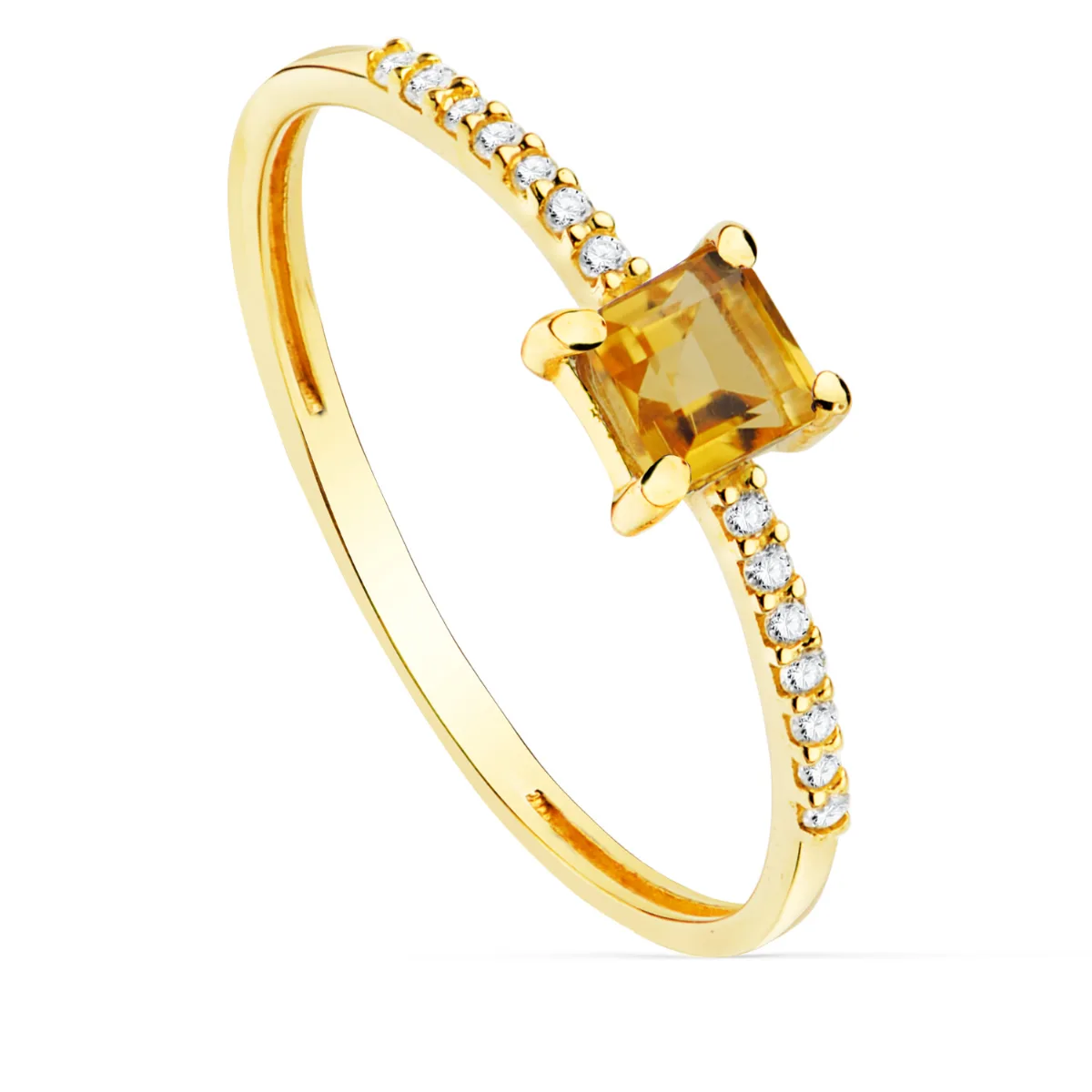 18K SORTIJA ORO AMARILLO 14 DIAMANTES 0.070QTS. G-VS2. CITRINO 4X4MM CUERPO 1 MM