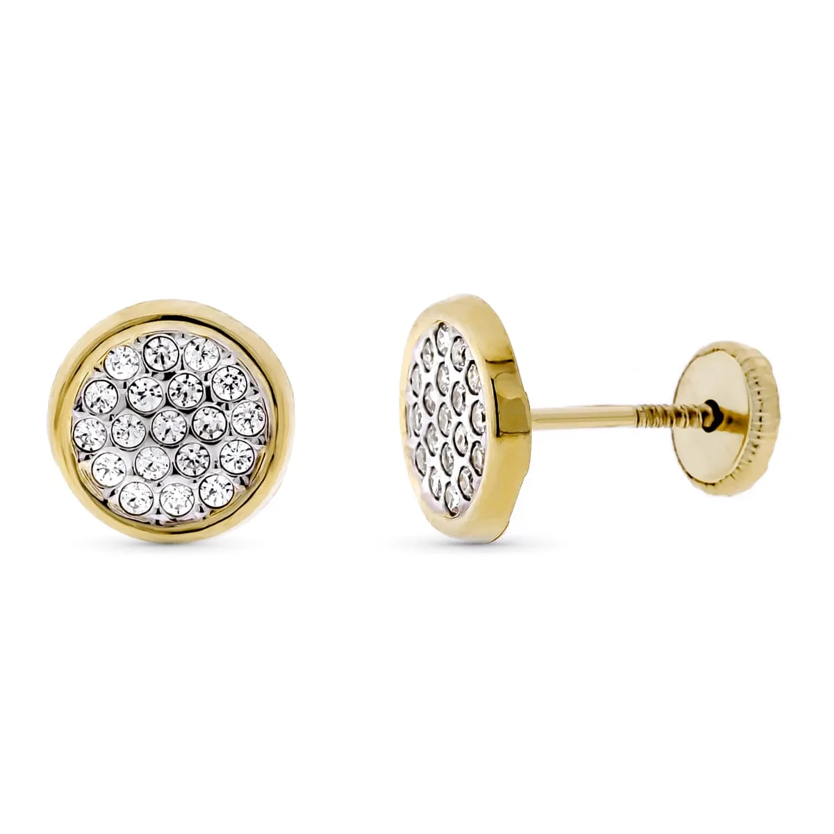 9K PENDIENTES ORO BICOLOR CIRCONITA REDONDOS 8 MM. CIERRE TUERCA