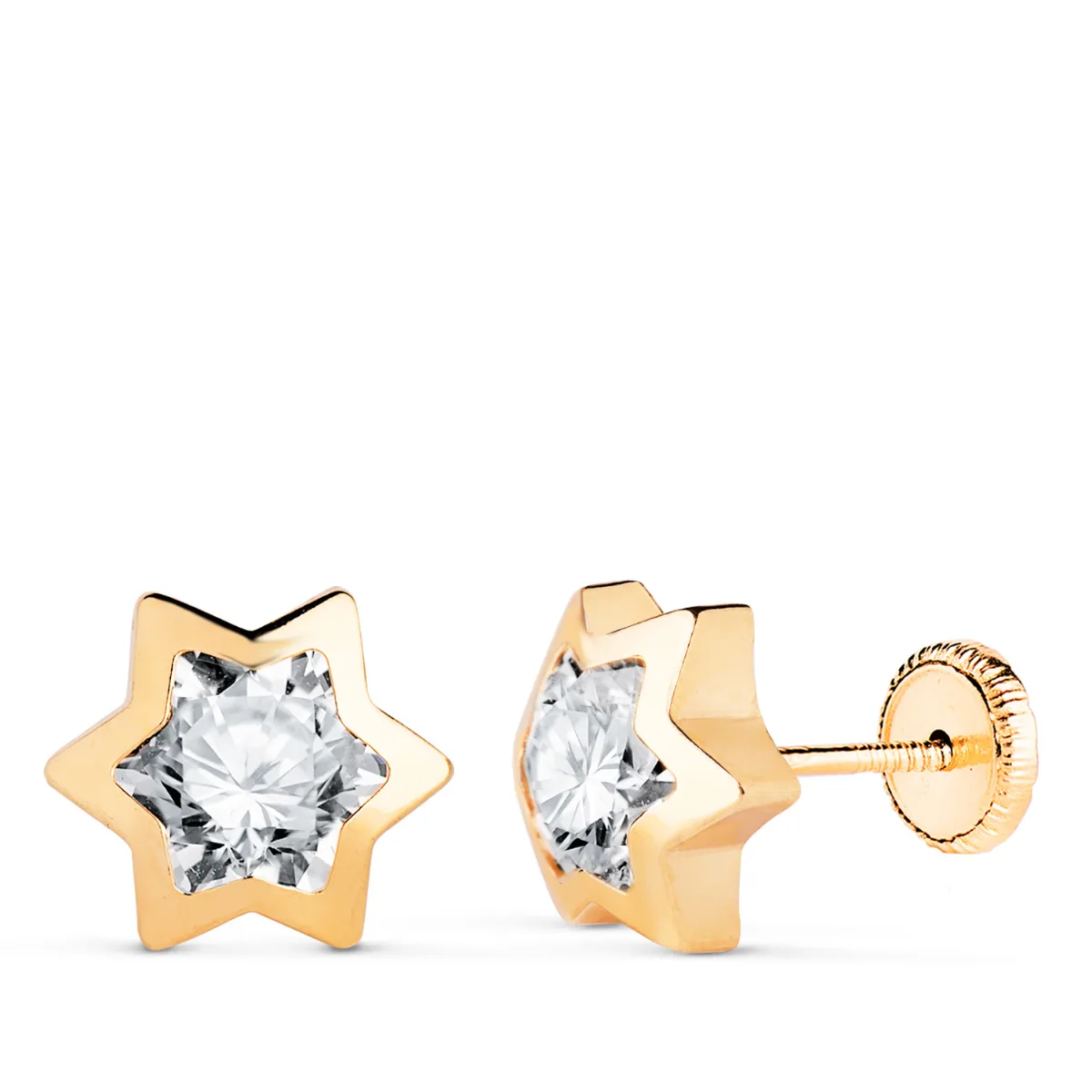 18K PENDIENTES ORO AMARILLO CHATON  ESTRELLA CON CIRCONITA. MEDIDA: 9X8 MM. CIERRE TUERCA