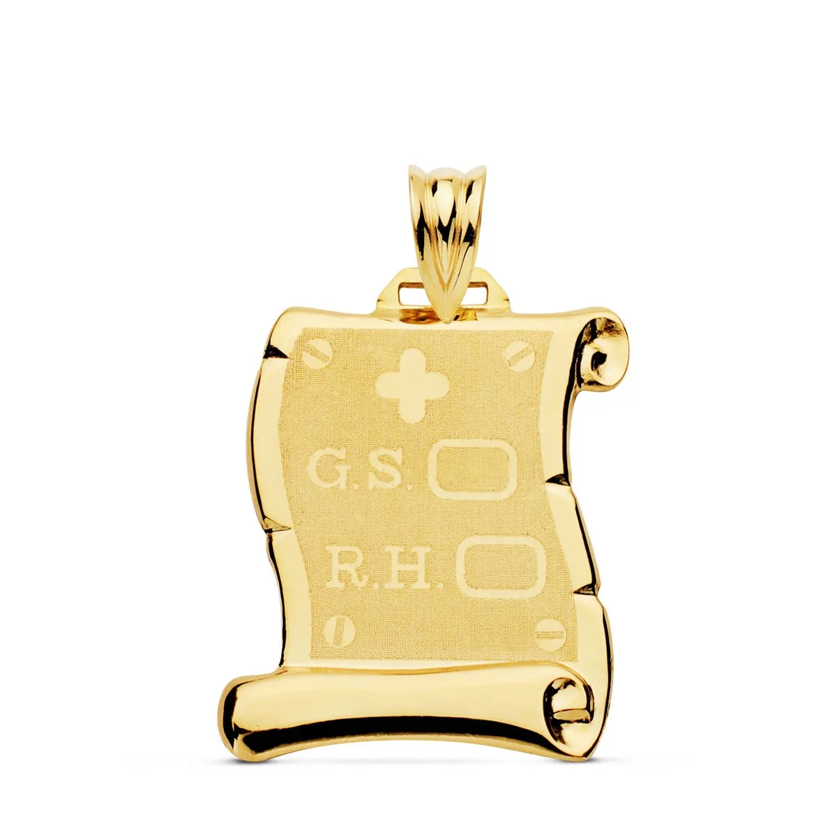 18K PLACA CHAPA COLGANTE PERGAMINO ORO AMARILLO BRILLO RH GRUPO SANGUINEO MATE 22X19 MM