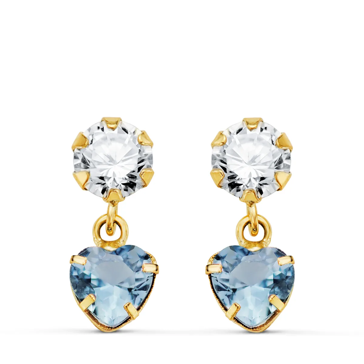 18K PENDIENTES ORO AMARILLO DOS CUERPOS CON CIRCONITA Y AGUAMARINA CORAZON 14 X 5MM. CIERRE PRESION