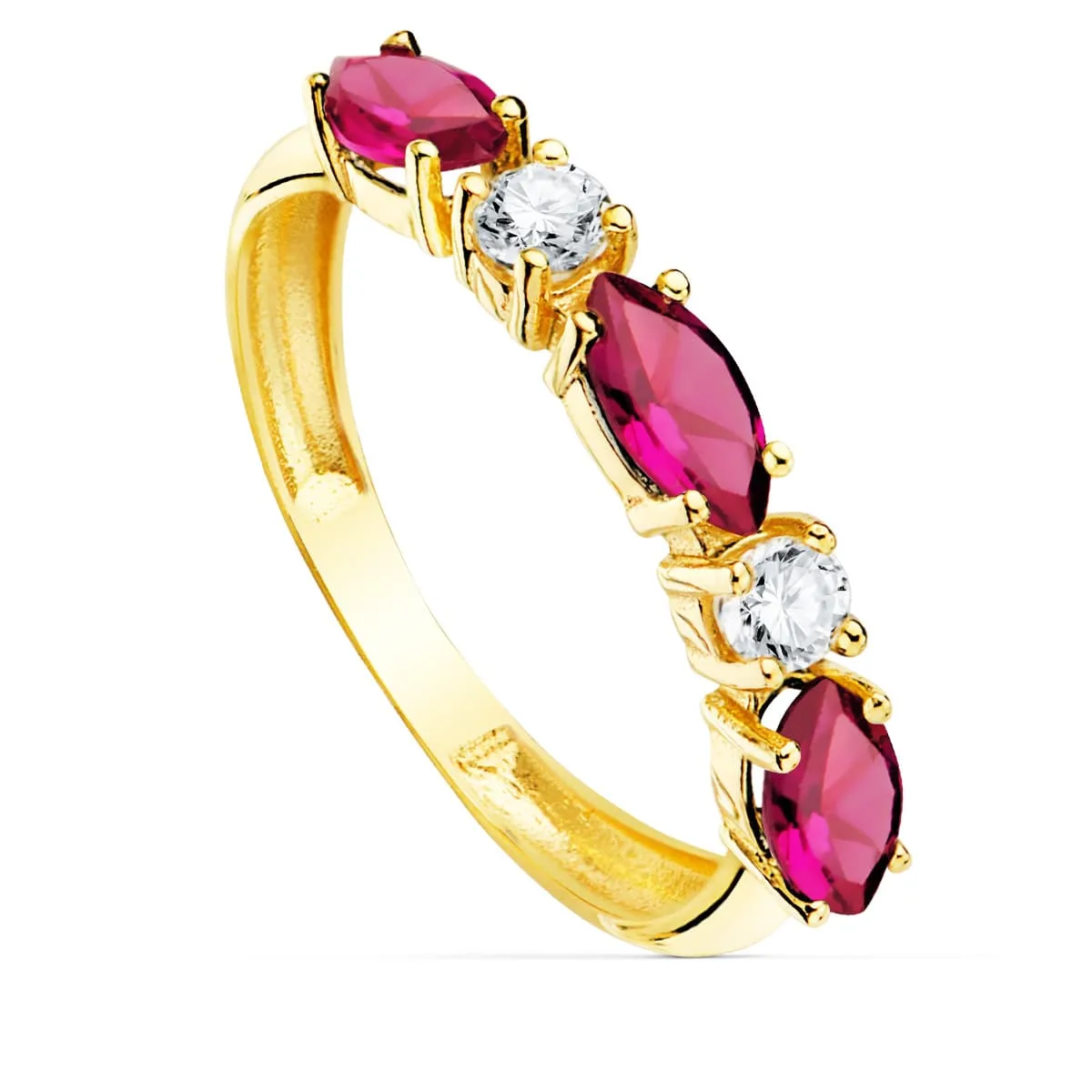 18K SORTIJA ORO AMARILLO 3 CIRCONITA ROJAS TALLA MARQUISE ANCHO 3 MM