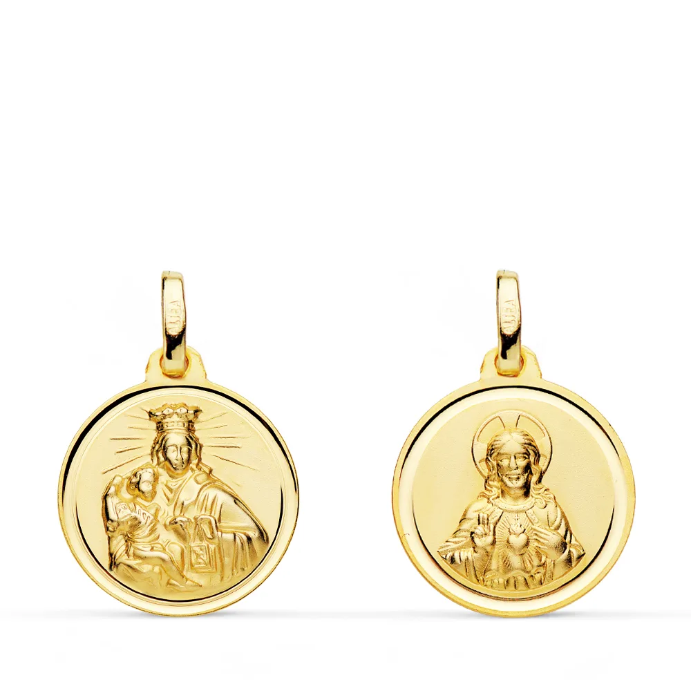18K ESCAPULARIO ORO AMARILLO VIRGEN CARMEN CORAZON JESUS 16 MM
