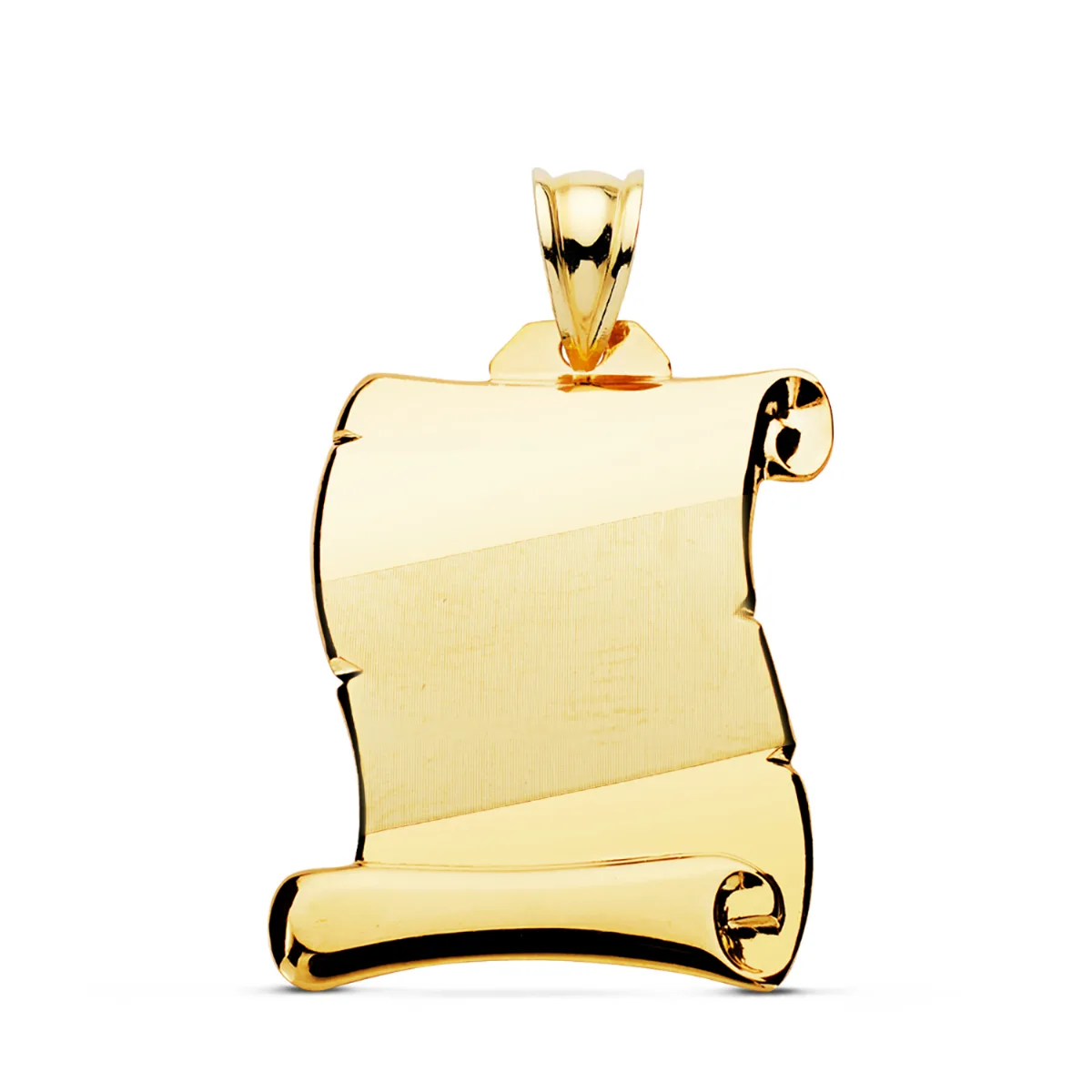 18K PLACA CHAPA PERGAMINO ORO AMARILLO LISO BRILLO BANDA DIAGONAL MATIZADA 26X23 MM