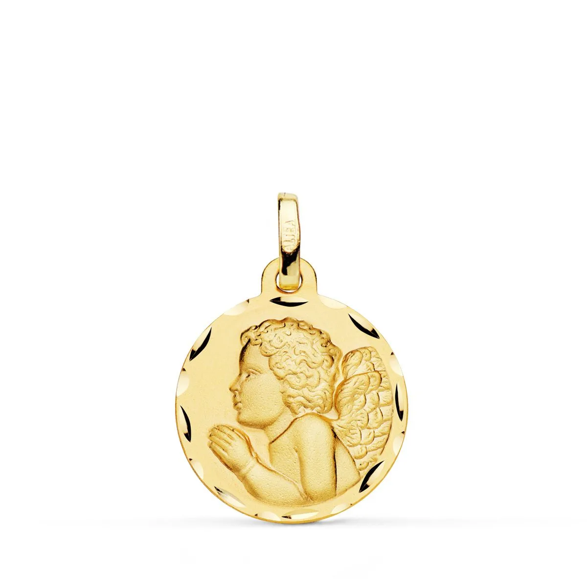 18K MEDALLA ORO AMARILLO ANGEL NIÑO PIADOSO REZANDO TALLADO 18 MM