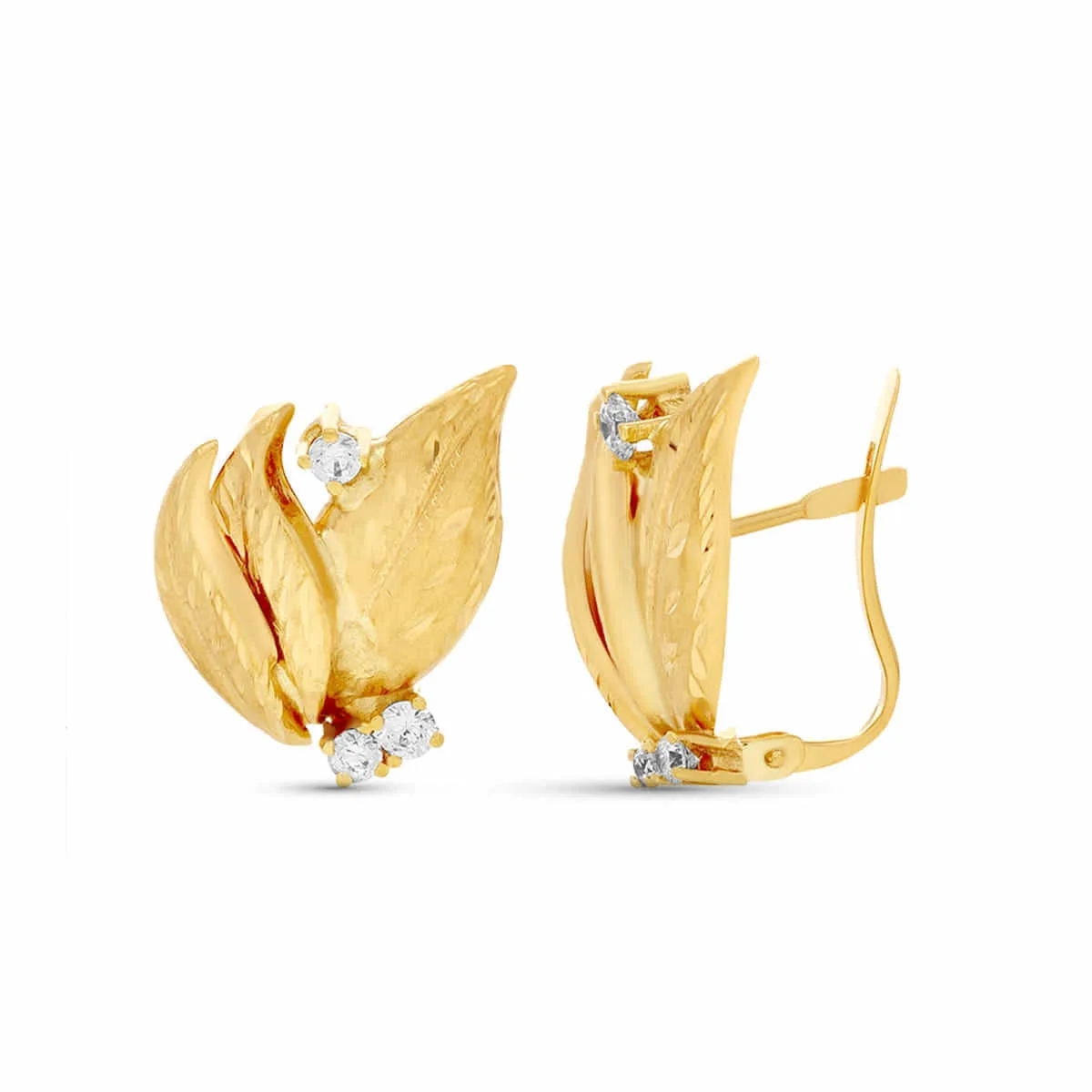 18K PENDIENTES ORO AMARILLO HOJAS LAPIDADAS. 19X15 MM CIERRE CATALAN