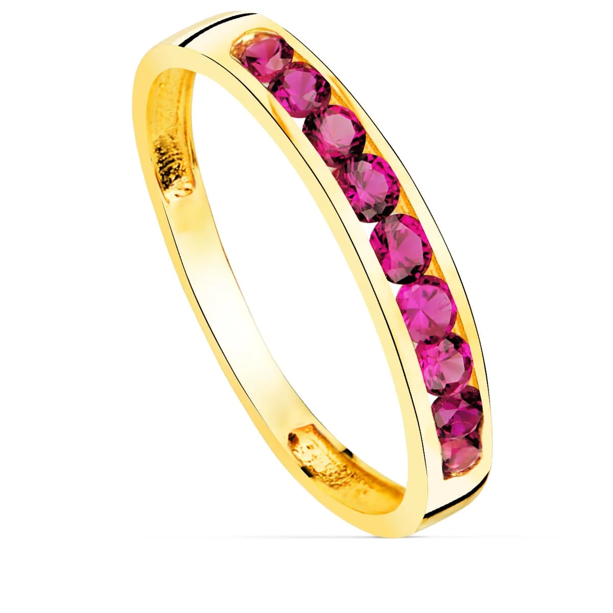 18K SORTIJA ORO AMARILLO 9 CIRCONITA ROJAS. ANCHO CUERPO 3.5 MM